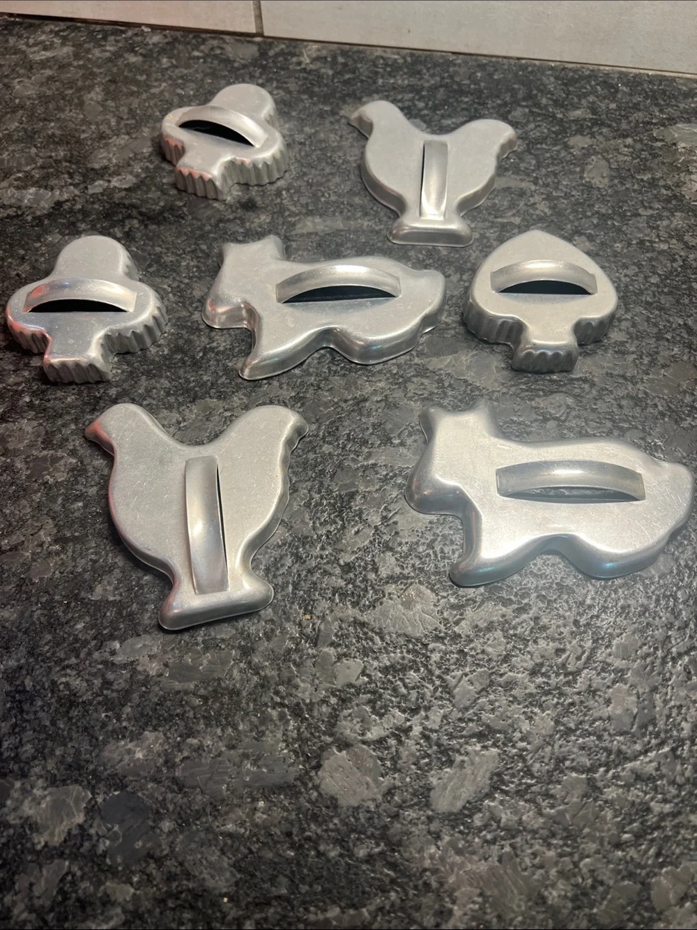 Vintage Silver Farm Animal and shapes Cookie Cutters with handles. - Set of 7